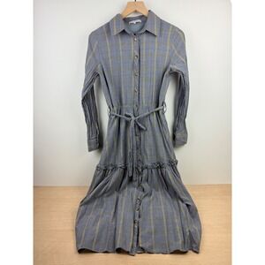 IVY CITY CO plaid button front midi dress tie waist ruffle vintage style M